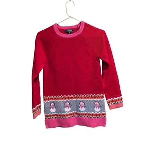Lands End Girls Sweater Dress Long Sleeve Heavyweight Red Pink Snowmen Medium - Picture 1 of 4