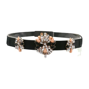 Women Black Elastic Skinny Strap Wedding Bridal Belt Pink Bling Charms Size S M - Picture 1 of 24