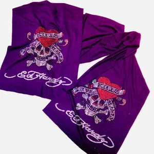 Ed Hardy Long Scarf.  Purple with Name and Skulls on Both ends Shiny Studs - Picture 1 of 2