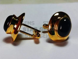 Natural Black Onyx Gemstone 14k Gold Plated Silver Cufflink For Men's CF19 - Picture 1 of 5
