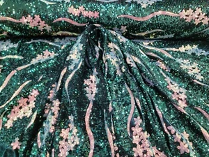 Emerald Green Sequin Floral Embroidery Stretch Velvet Fabric By The Yard - Picture 1 of 12