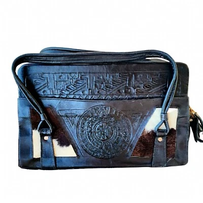 Bolso de Mano Grande Herramienta de Cuero Negro México Calandra Maya Vintage Borde de Piel Foto 1 de 4