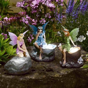 3x Luces solares de hadas adornos de jardín Pixie LED focos figuras de ninfa decoración - Imagen 1 de 24