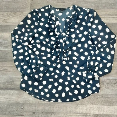 J. Blusa Crew Azul Blanco Volantes Delantero Manga Larga Talla Pequeña Cuello en V R7 Foto 1 de 4