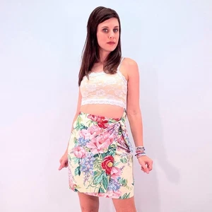 Vintage 90s Wrap Skirt 8 Pastel Floral High Waisted Mini Summer Cottagecore Boho - Picture 1 of 7
