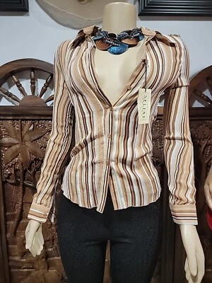 Blusa Top Selene Sport Talla S Rayas Marrón Para Mujer Botones FUNCIONA PEQUEÑA NUEVA CON ETIQUETAS #C Foto 1 de 4