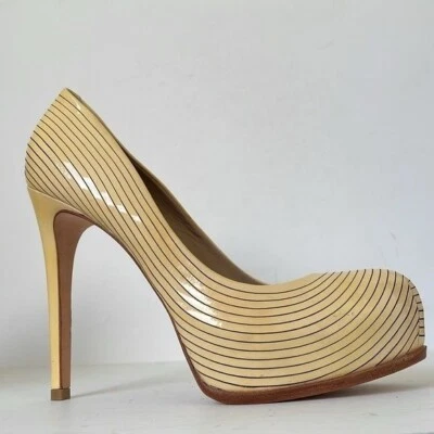 POUR LA VICTOIRE Mujer Amarillo Negro Rayas Cuero Plataforma Tacones Talla 9M Foto 1 de 4