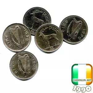 Juego de (x5) monedas irlandesas 1990 punt £1, ¡35 años! - Imagen 1 de 1