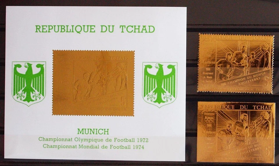 CHAD 1971 SOCCERm XF MNH/** ImPerf + Perf GOLD Set + Sheet, Football, Olympics - Image 1 of 1
