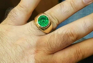 3Ct Round Lab Created Green Emerald Men's Engagement Ring 14k Yellow Gold Plated - Picture 1 of 11