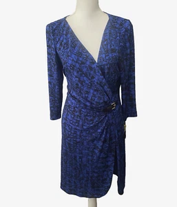 Tahari Faux Wrap Dress Womens Sz 14 Blue Paisley Faux Belt Accent NWT - Picture 1 of 10