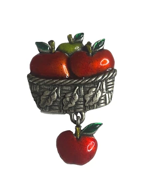 AJMC Vintage Pewter Brooch Pin Enamel Red Green Apple Basket Teacher Charm - Image 1 of 4