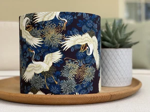 Oriental Navy Gold Lamp Shade Japanese Oriental Cranes Fabric Floral Blue Exotic - Picture 1 of 12