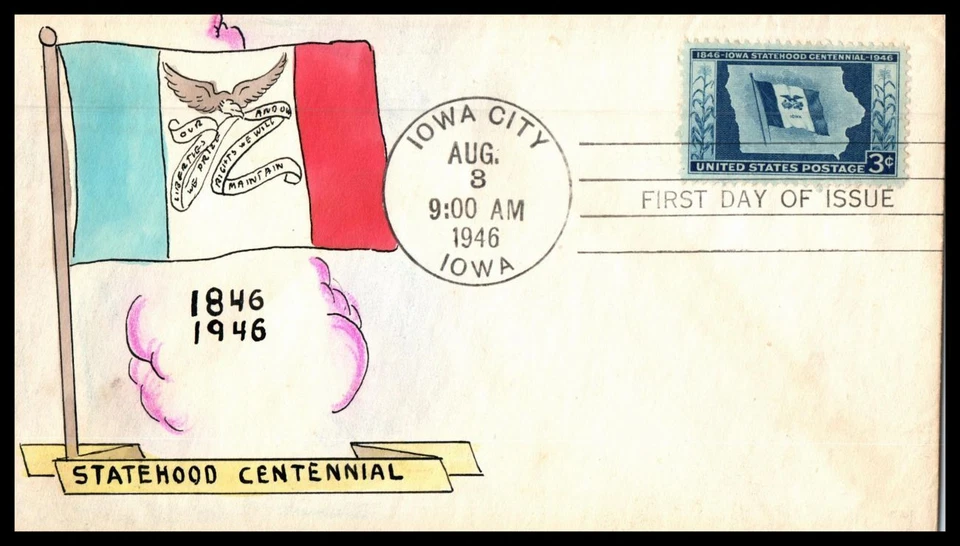1946 Iowa Statehood 100 years Sc 942-43 with Mae Weigand cachet (R06 - Image 1 of 1