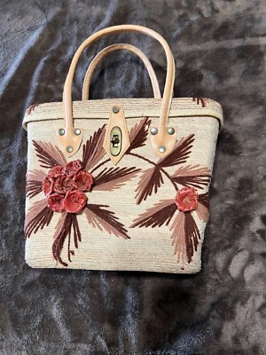 Bolso de Mano Tejido de Paja Cesta Floral Hoja Hilo Bordado Desigh Tostado Marrón Coral Foto 1 de 4