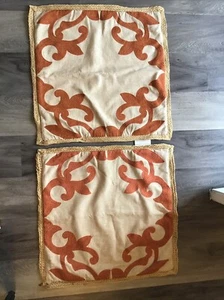 Pier 1 (2) Embroidered Tan W/ Orange Jute Trim Pillow Covers 20x 20” - Picture 1 of 5