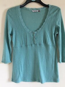 WHITE STUFF Crocheted Scoop Neck 3/4 Sleeve Teal Top Size UK 16