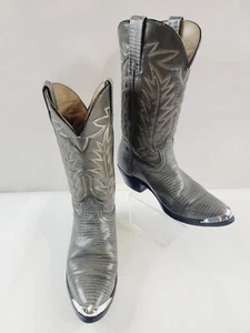 Made In USA Mens Size 9 EE Gray On Gray Embroidered Flame Leather Cowboy Boots - Picture 1 of 15