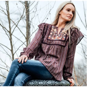L Love floral embroidered striped peasant linen blend blouse purple large - Picture 1 of 6
