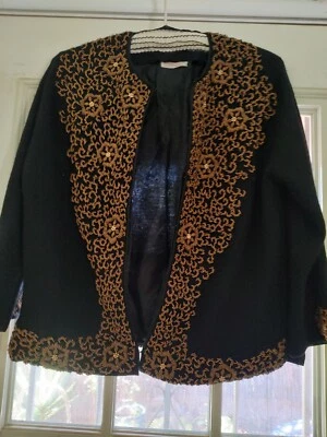 Vintage 60's Lambswool Button Down Beaded And Sequins, Hong Kong,Sz L Black - Изображение 1 из 4