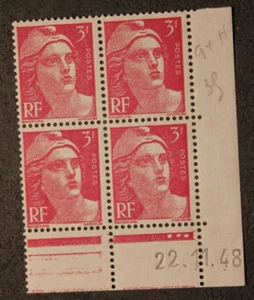 Bloc de 4 - 3F rose MARIANNE DE GANDON - Coin daté - YT806 - Neuf** - 1948 - Picture 1 of 2