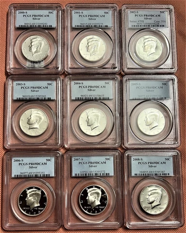 2000-S TO 2008-S, 9 SILVER KENNEDY HALF DOLLAR COINS, PCGS PR69 DCAM DEEP CAMEO Cover
