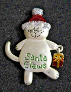 VINTAGE Kim Rogers Christmas Cat Brooch Pin "Santa Claws" - Brushed Silver Tone - Picture 1 of 3