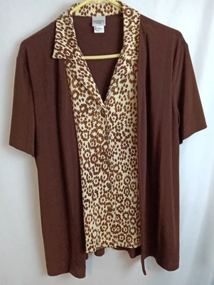 Blusa Miss Dorby Marrón Estampado Animal Boho Imitación 2 Piezas Manga Corta Abotonada Talla 14 Foto 1 de 4
