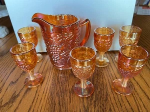 Vintage Kaiser Traube und Kabel Ringelblume Karneval Glas Krug 6 kleine Kelche - Bild 1 von 11