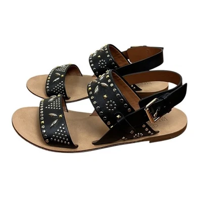 Valentino Garavani Black Suede Studded Flat Sandals Size 37.5 Authentic - Image 1 of 4