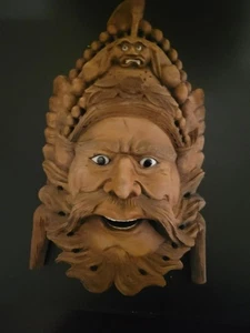 MASCARILLA COLGANTE DE PARED GUERRERO TALLADA A MANO MADERA CHINA VINTAGE 10" - Imagen 1 de 3