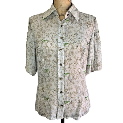 Blusa de seda Etcetera feminina cinza floral com botões manga curta tamanho 8 - Imagem 1 de 4