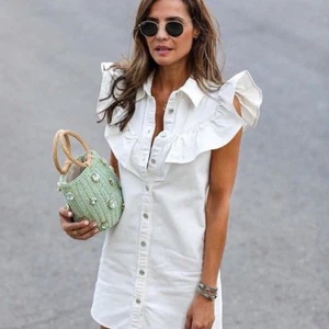 Zara Denim Mini Dress White Size XS Ruffles EUC Cotton Statement - Picture 1 of 8