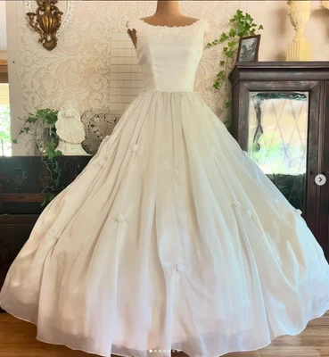 Victorian Wedding Dresses Sleeveless 1970s Vintage Satin White Ivory Bridal Gown - Image 1 of 3