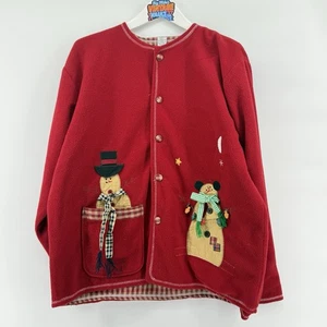 Handarbeit Schneemann Applikation Weihnachtsjacke rot Fleece XL Vintage Urlaub Pullover - Bild 1 von 11