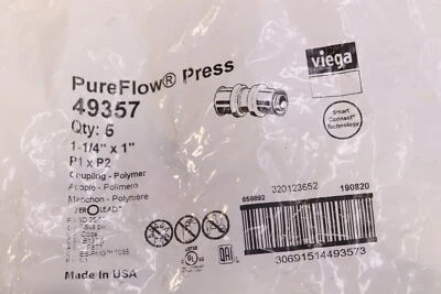 (5-Pk) Viega PureFlow Polymer Coupling  Lead Free 1" x 1-1/4" PEX Press 49357 - Image 1 of 2