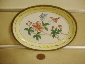 Collectible Chinese Enameled Porcelain Trinket Yellow Oval TRAY Brass Butterfly! - Picture 1 of 4