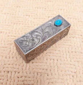 Vintage 800 Silver Lipstick Case Blue Stone Floral Etched Italy Artnoveau - Picture 1 of 12