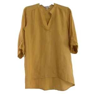 Ellen Tracy Tunic 100% Linen Roll Tab Sleeve Size M Yellow - Picture 1 of 10
