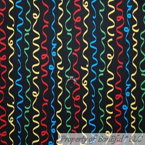 BonEful FABRIC FQ Cotton Quilt Black Rainbow Streamer Ribbon Birthday Gay Pride - Picture 1 of 12