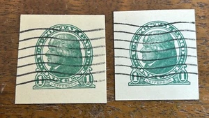 US 1914 #UX27 Green 1c Jefferson Post Card  2 Cut Squares Used - Picture 1 of 1