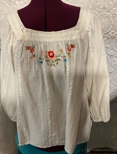 XXL Lauren Conrad Box Neck Cream Boho Blouse EMBROIDERED FLOWERS 3/4 SLEEVE - Picture 1 of 5