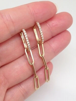 925 Sterling Silver Cz Gold Open Rectangle Paperclip Dangle Earrings 45mm(1.77") - Image 1 of 4