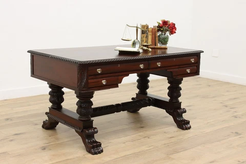 Empire Antique Mahogany Partner Desk, Carved Paw Feet #45456 Cover