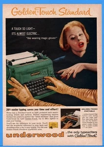 1958 Underwood Golden Touch máquina de escribir estándar mecanografía guantes de ópera dorados anuncio de arte - Imagen 1 de 1