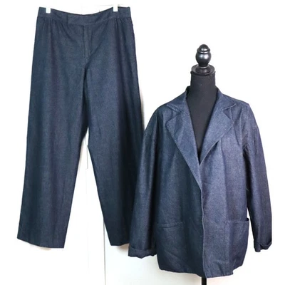 Vintage Y2K Ellen Tracy Cotton Wool Denim Pant Suit Set Wide Leg Women 10 - Image 1 of 4