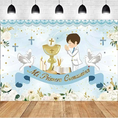 Telón de fondo de primera comunión niños azul floral Dios bendiga bautizo decoración 7x5 pies Foto 1 de 4