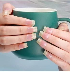 16 Semi Cured Gel Nail Stickers Wraps UV Lamp Required French Gold 74 - Picture 1 of 4
