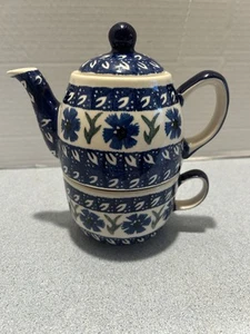 Polnische Keramik Set Wiza-Polen Handarbeit Mini Teekanne Deckel Tasse Untertasse 3 tlg. - Bild 1 von 7