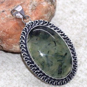 925 Silver Plated Moss Prehnite Pendant Handmade Gemstone Handmade 2.2" AU j632 - Imagen 1 de 3